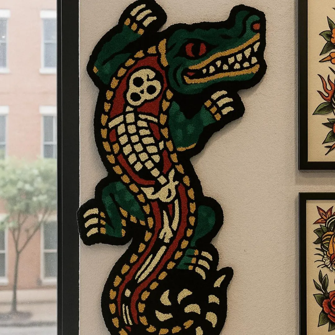 Green reptile rug with exposed bone artwork