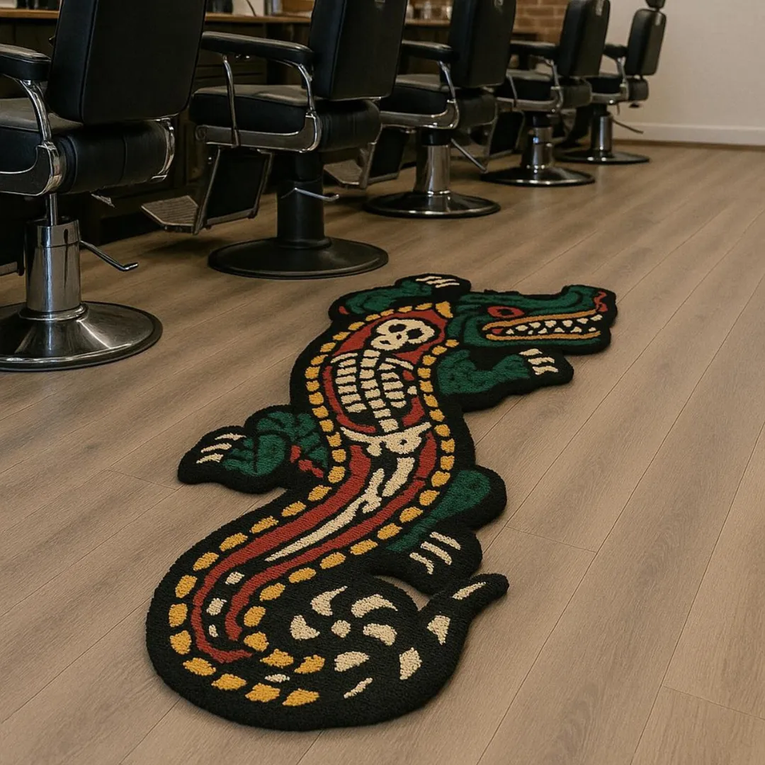 Hand-tufted alligator rug in tattoo design