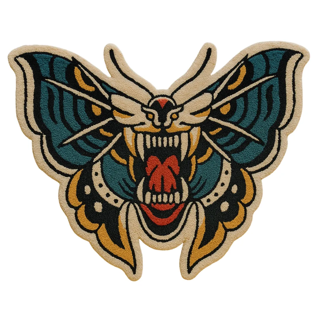 Tattoo-inspired custom rug with roaring tiger mouth inside moth wings in teal, gold, red, and cream colors.