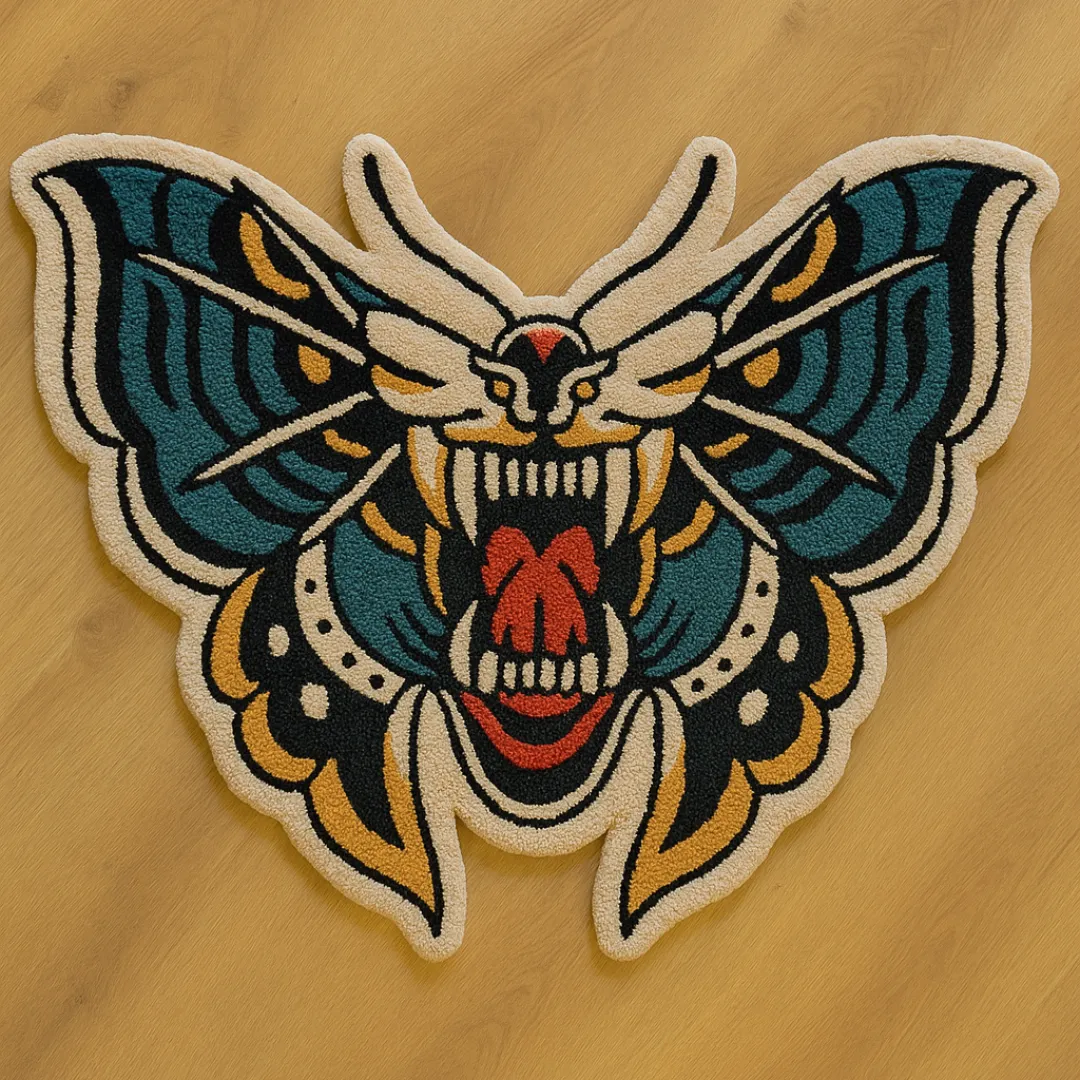 Custom rug with roaring tiger mouth inside moth wings in teal, gold, red, and cream colors.
