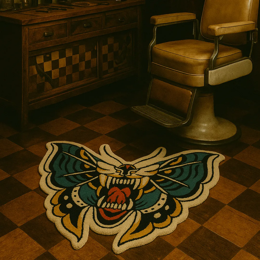 Tattoo-inspired rug with roaring tiger mouth inside moth wings in teal, gold, red, and cream colors.
