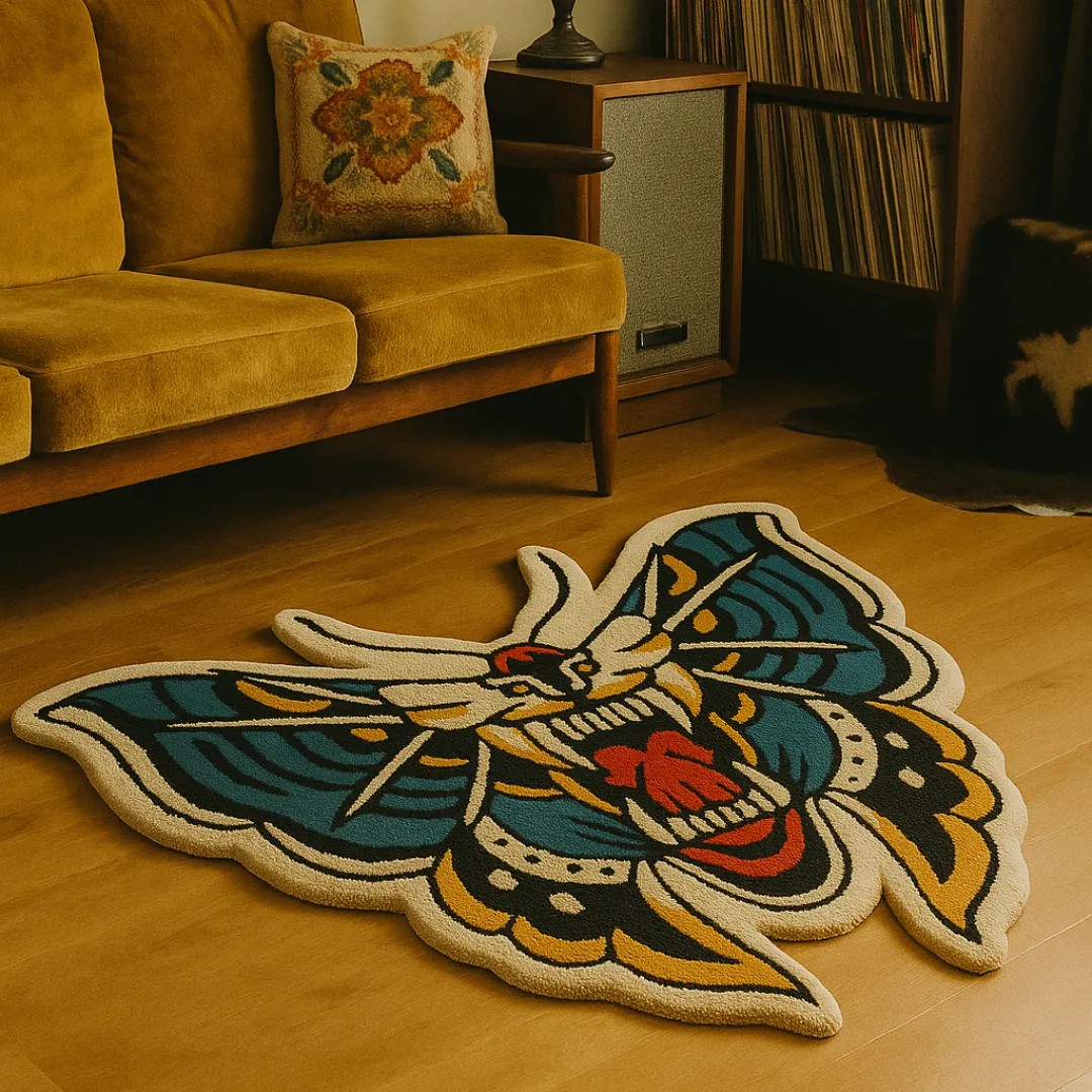 Tattoo-inspired custom rug with roaring tiger mouth inside death moth wings in teal, gold, red, and cream colors.