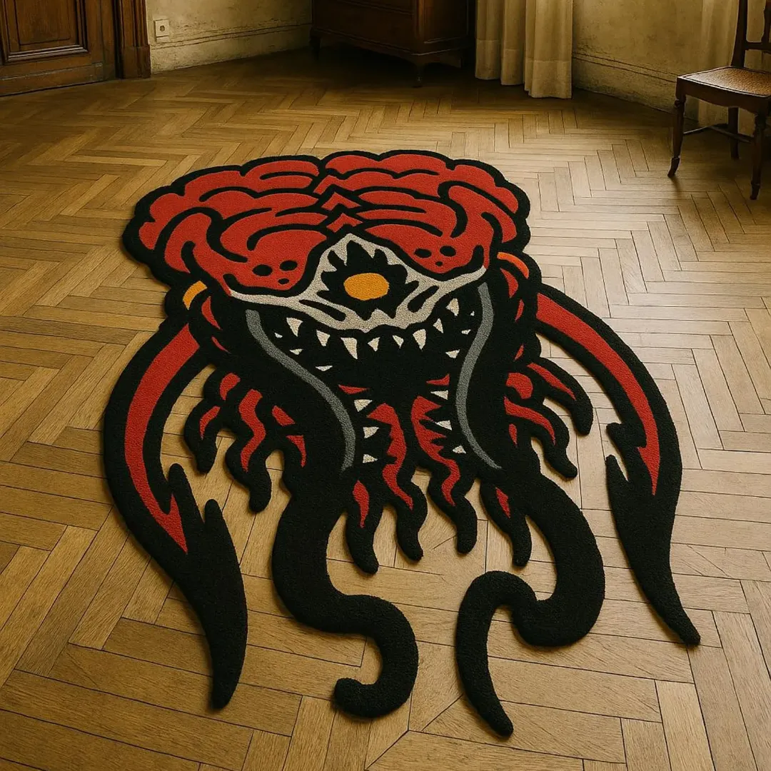 Bold tattoo-style art rug with demon face design