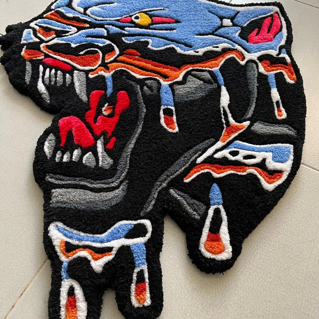 Vibrant panther rug with dripping paint effect, inspired by traditional tattoo flash art.