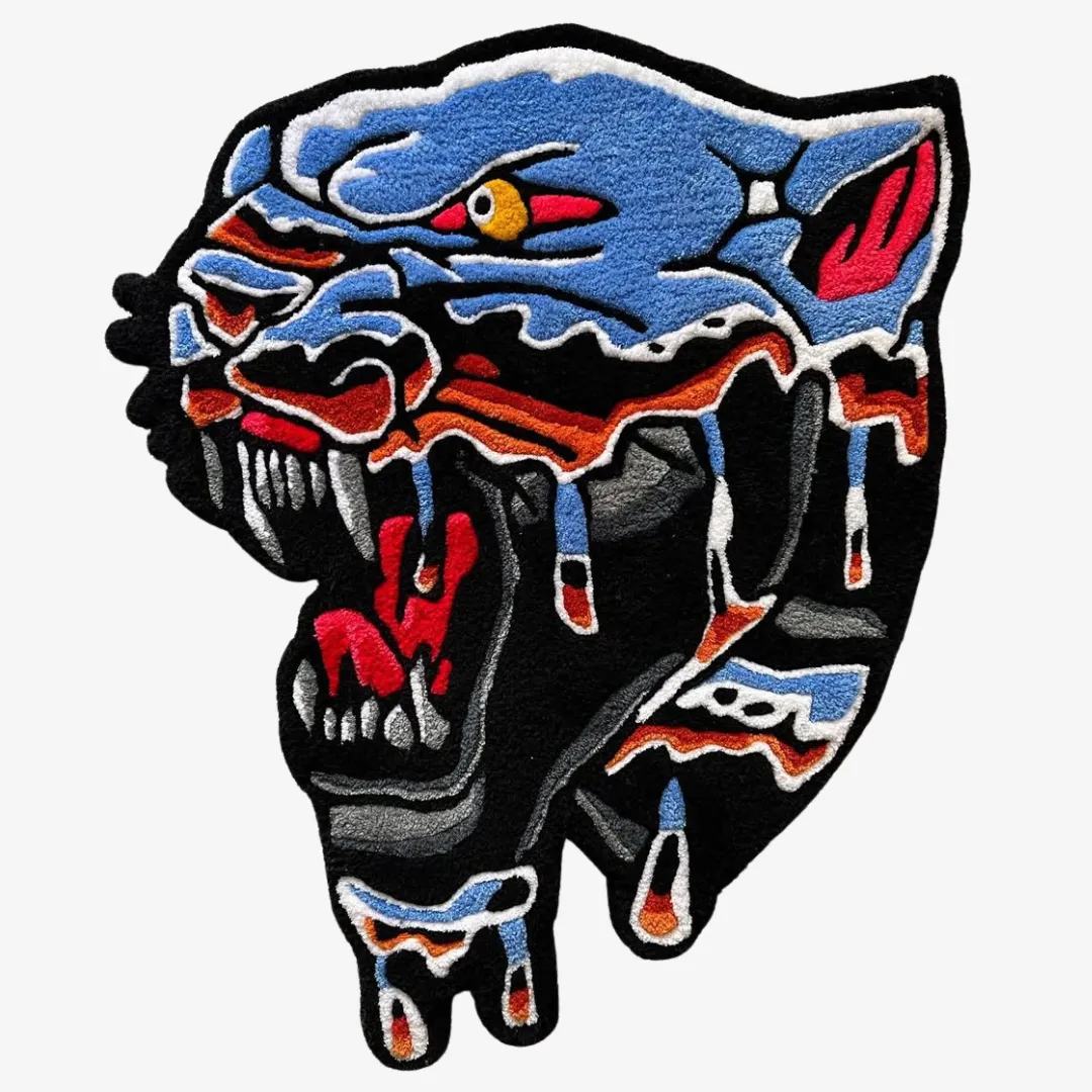 Tattoo-style panther head rug with fierce expression, melting color details, and bold outlines.