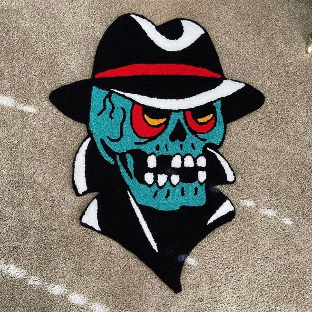 This rug is inspired by vintage gangster comics, mafia film characters, and bold tattoo graphics. The fedora and red-accented eyes add a mysterious look, while the bright colors make it pop on any floor.