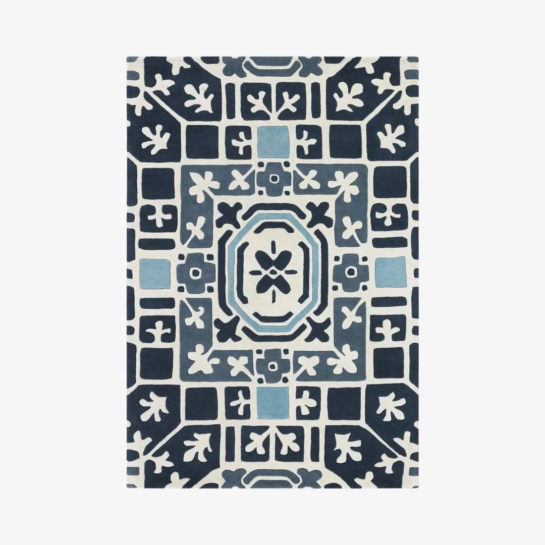 Geo Mandala Hand-Tufted Wool Rug – Elegant Blue Design