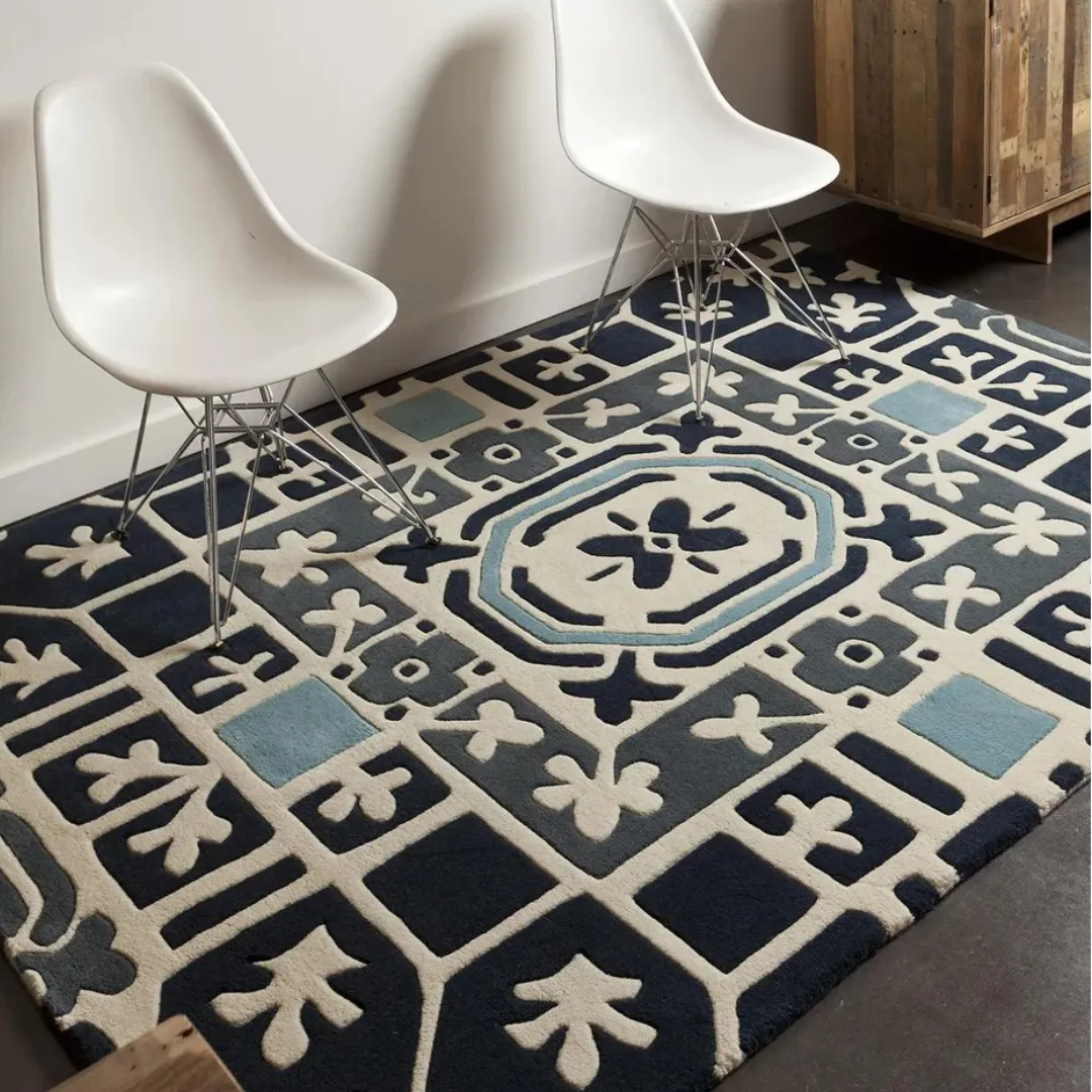 Elegant blue and navy geometric rug with mandala design