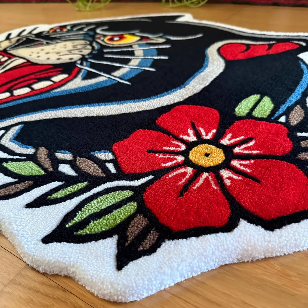 Panther Head Tattoo Rug Hand Tufted Bold Animal Art