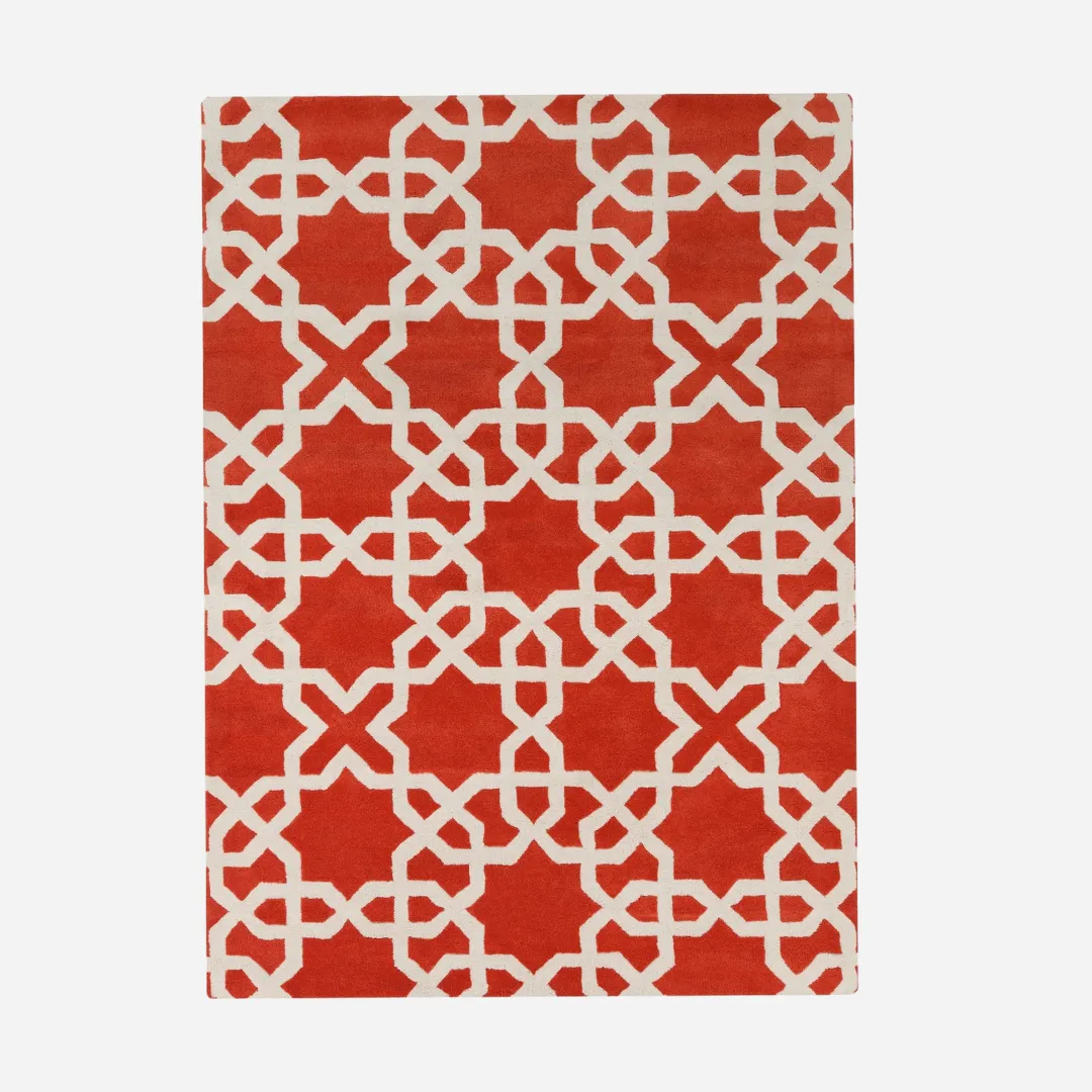 Red and white wool rug with Moroccan star geometric design