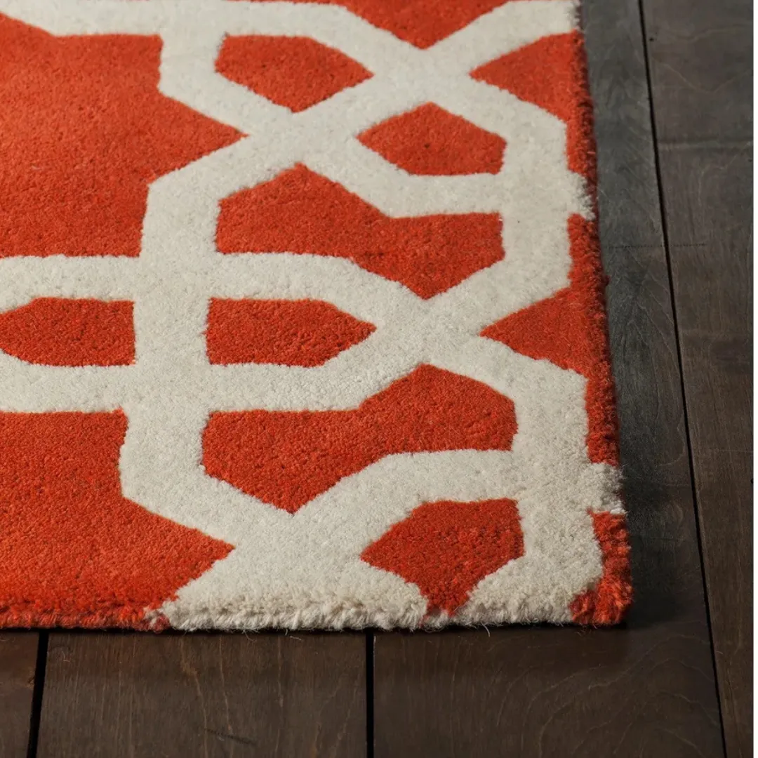 Contemporary wool rug with star-like shapes in red and white