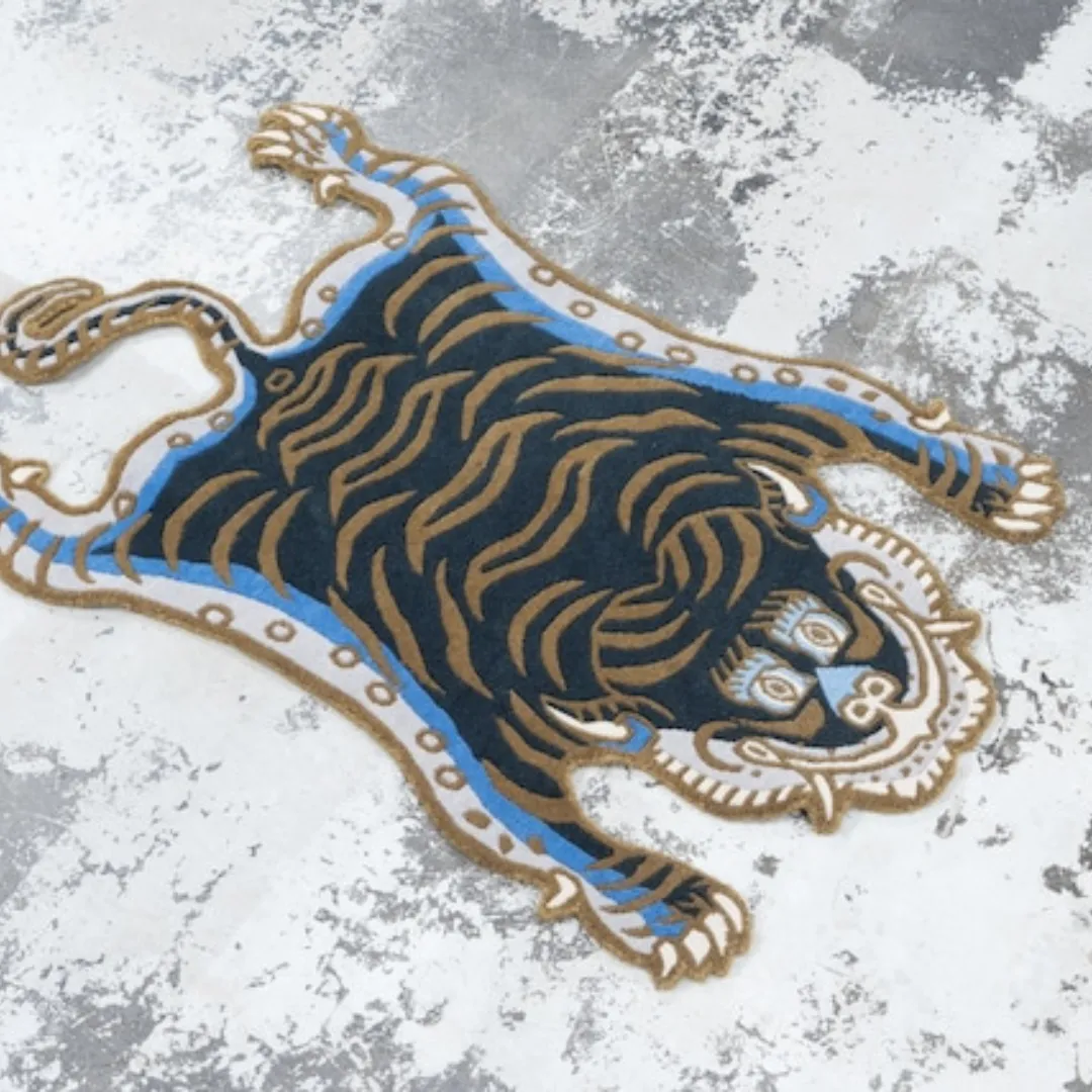 Black Tibetan tiger shaped rug with brown stripes