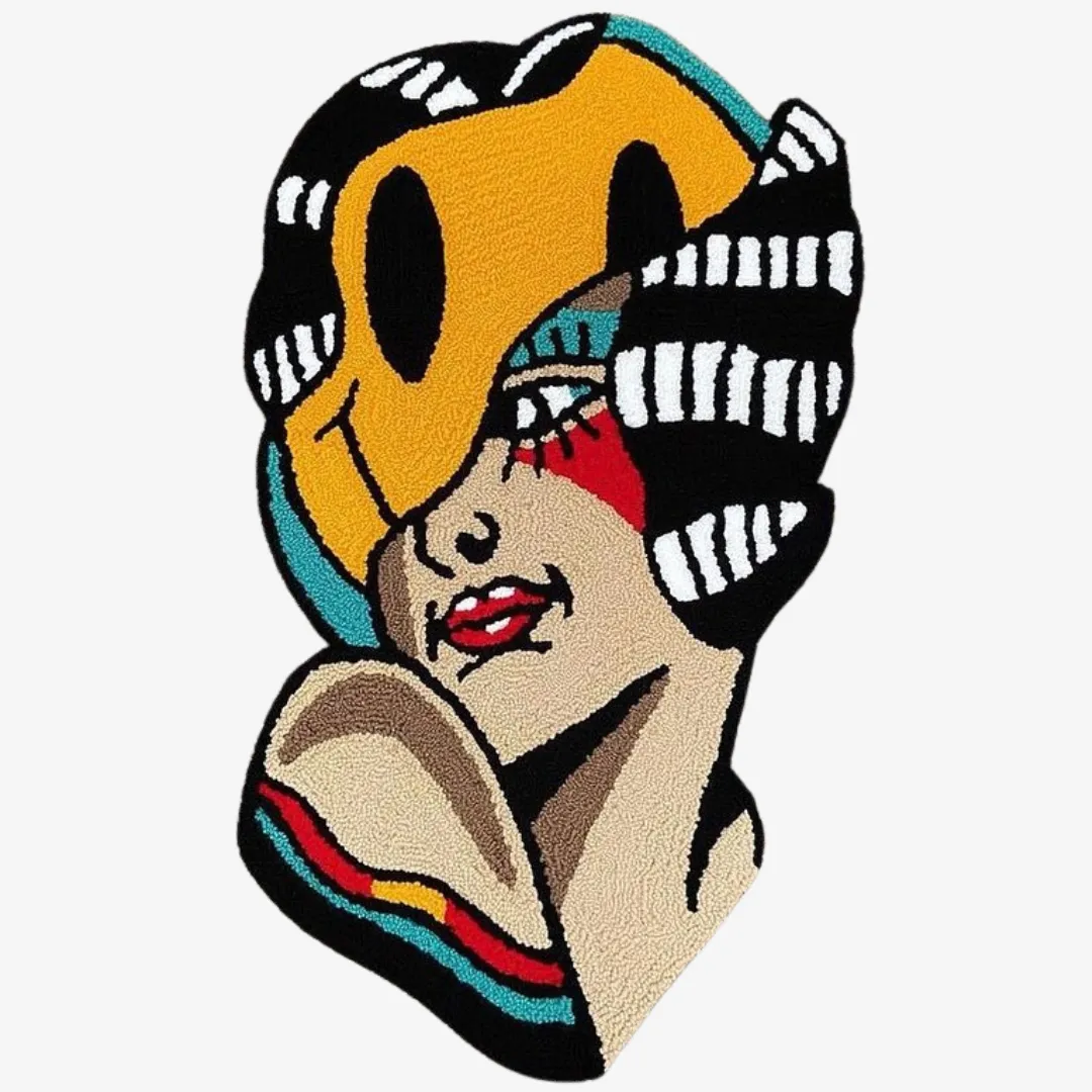 Custom-shaped rug of a pop-art girl wearing a yellow mask with bold red, black, and teal accents.