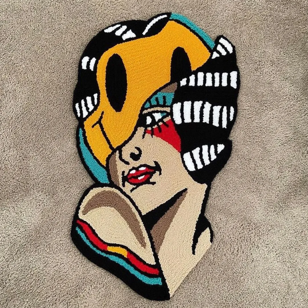 Custom rug of a pop-art girl wearing a yellow mask with bold red, black, and teal accents.