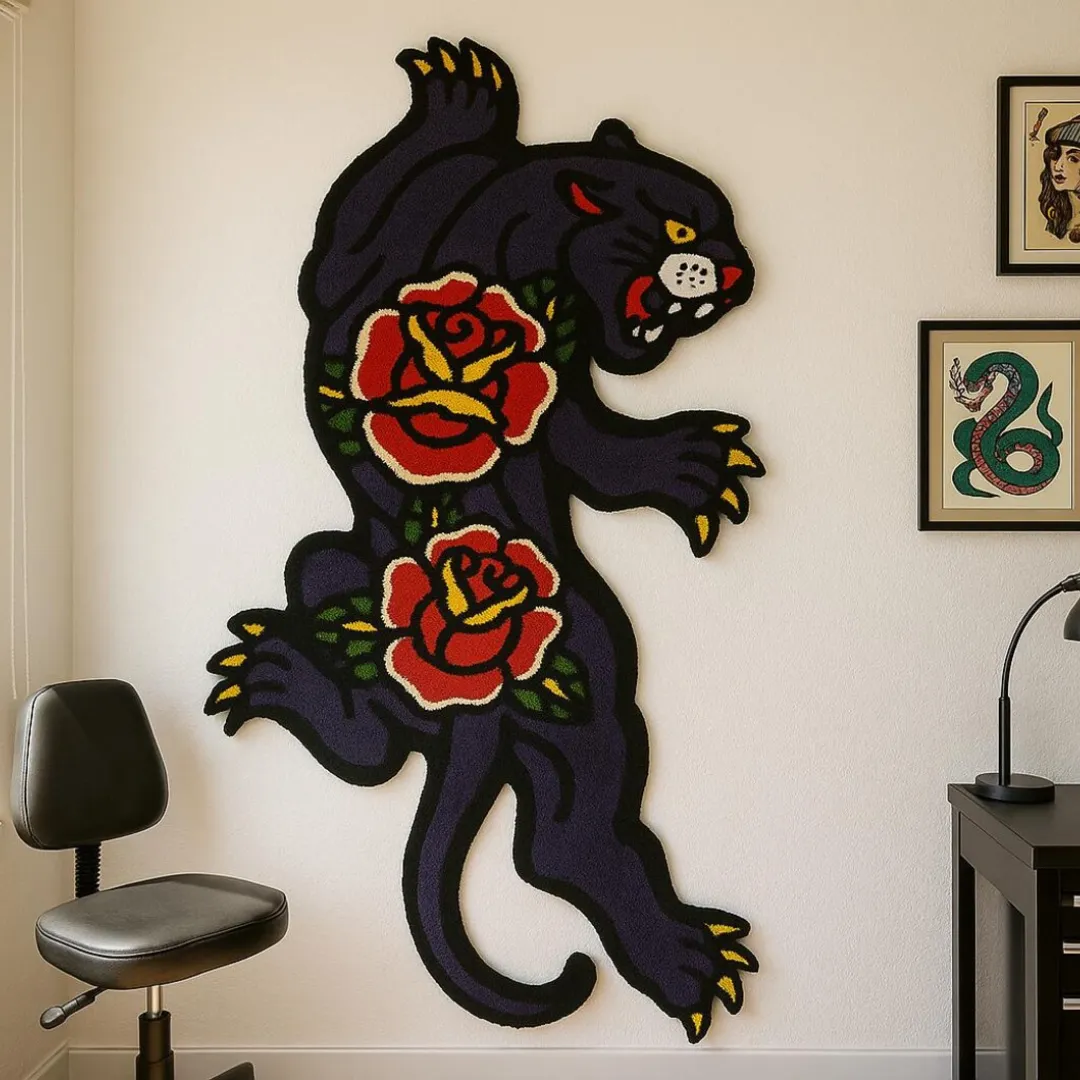 Panther-themed tattoo art rug with traditional design