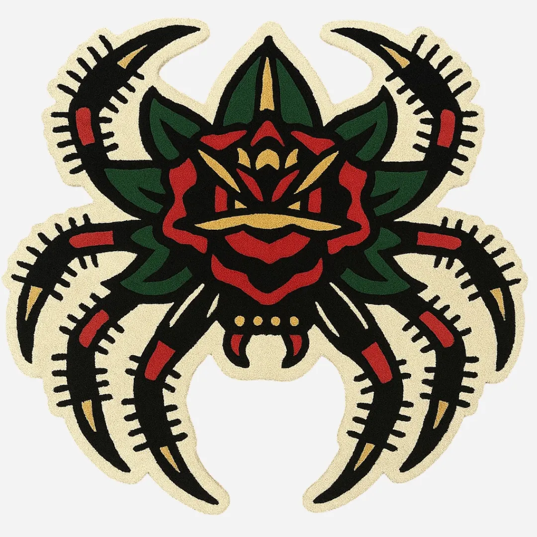Custom-shaped rug with a tattoo-style design of a red rose spider hybrid featuring green leaves and claw-like black legs.