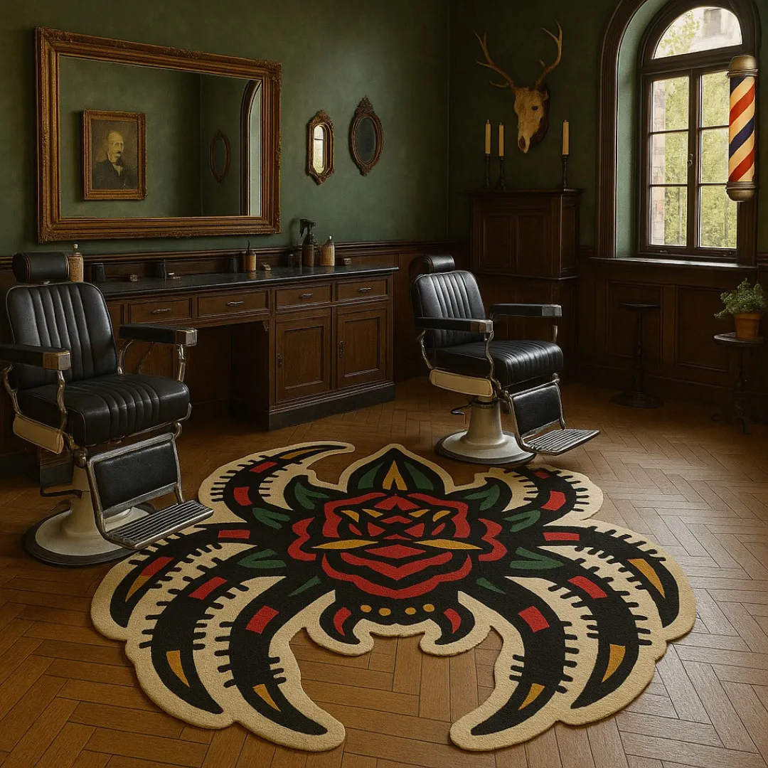 Bold custom rug combining floral and arachnid design in red, green, and black against a cream border.