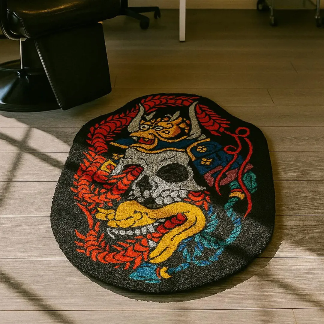 Colorful hand tufted wool rug showing a skull-faced samurai with fierce expression, surrounded by rope and tattoo patterns.
