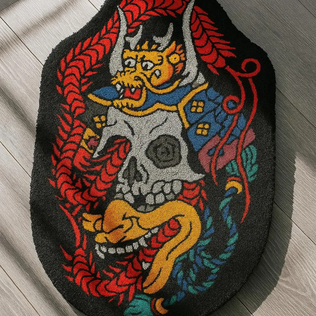 Tattoo-style Samurai Skull rug with helmet and vibrant colorwork, perfect for bold wall art or unique floor styling.