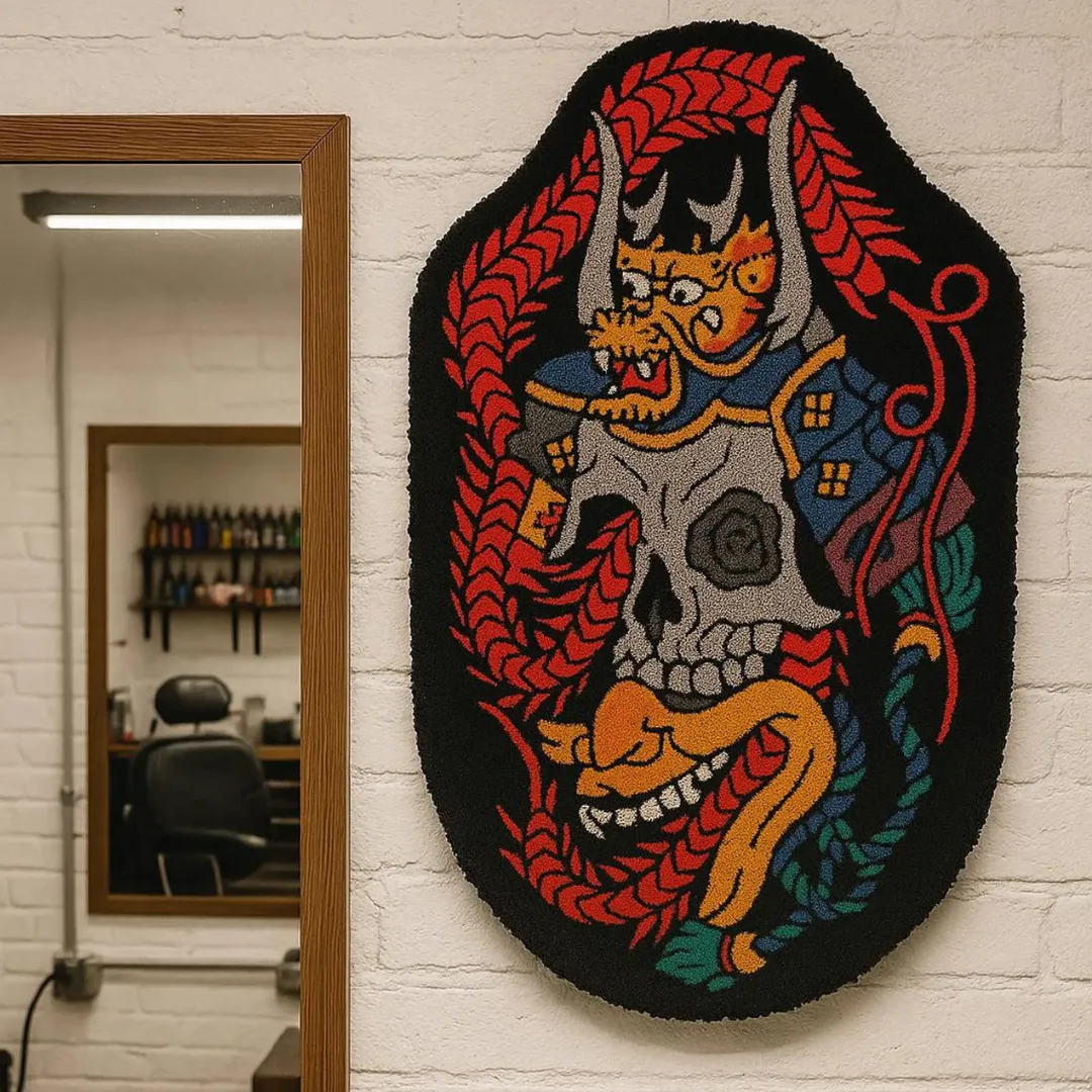 Japanese Samurai skull rug featuring warrior helmet, red rope accents, and vivid tattoo-inspired design in black, gold, blue, and red.