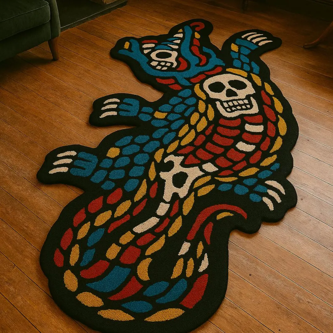 Tattoo-style blue crocodile rug with bones