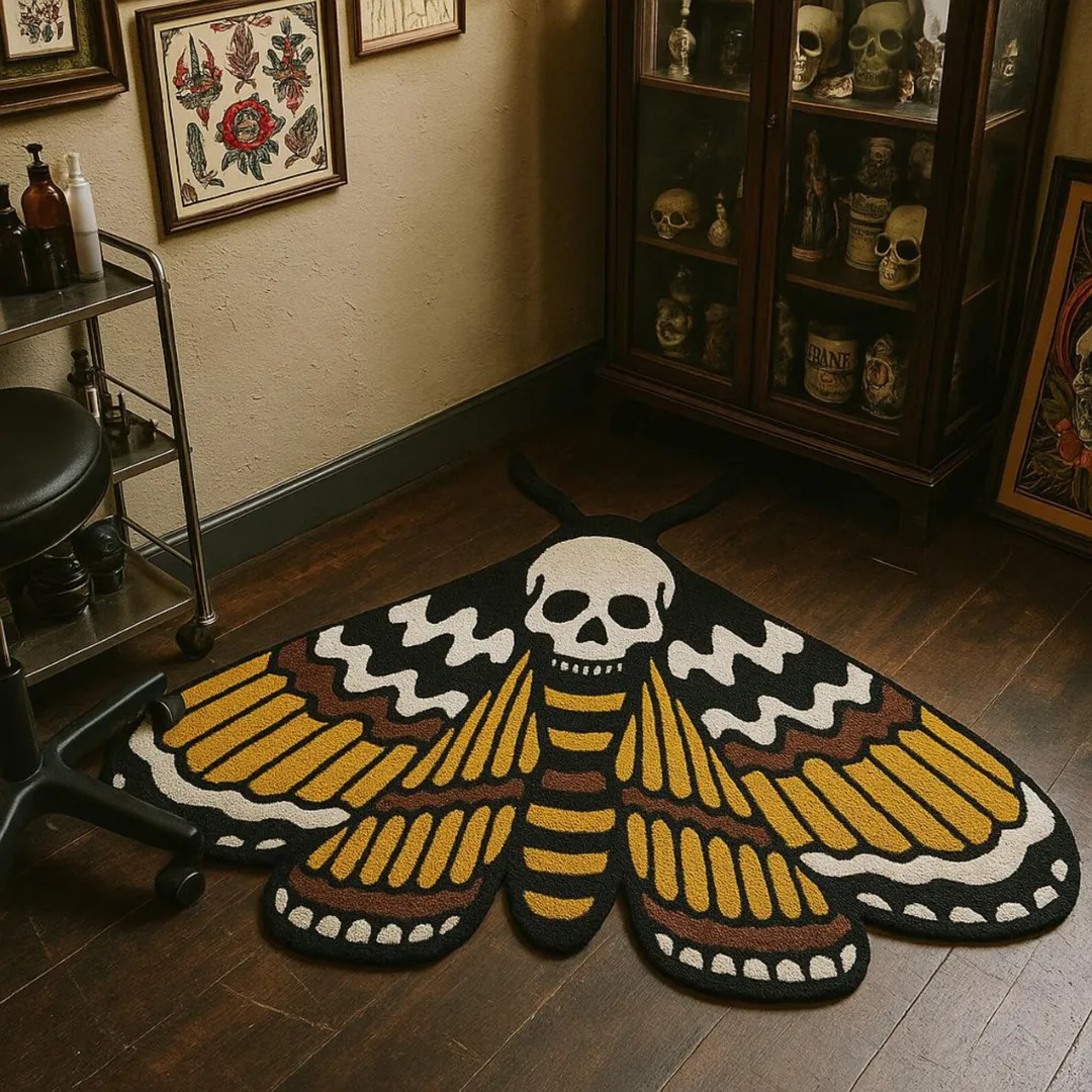 Bold skull moth design rug with yellow and black wings