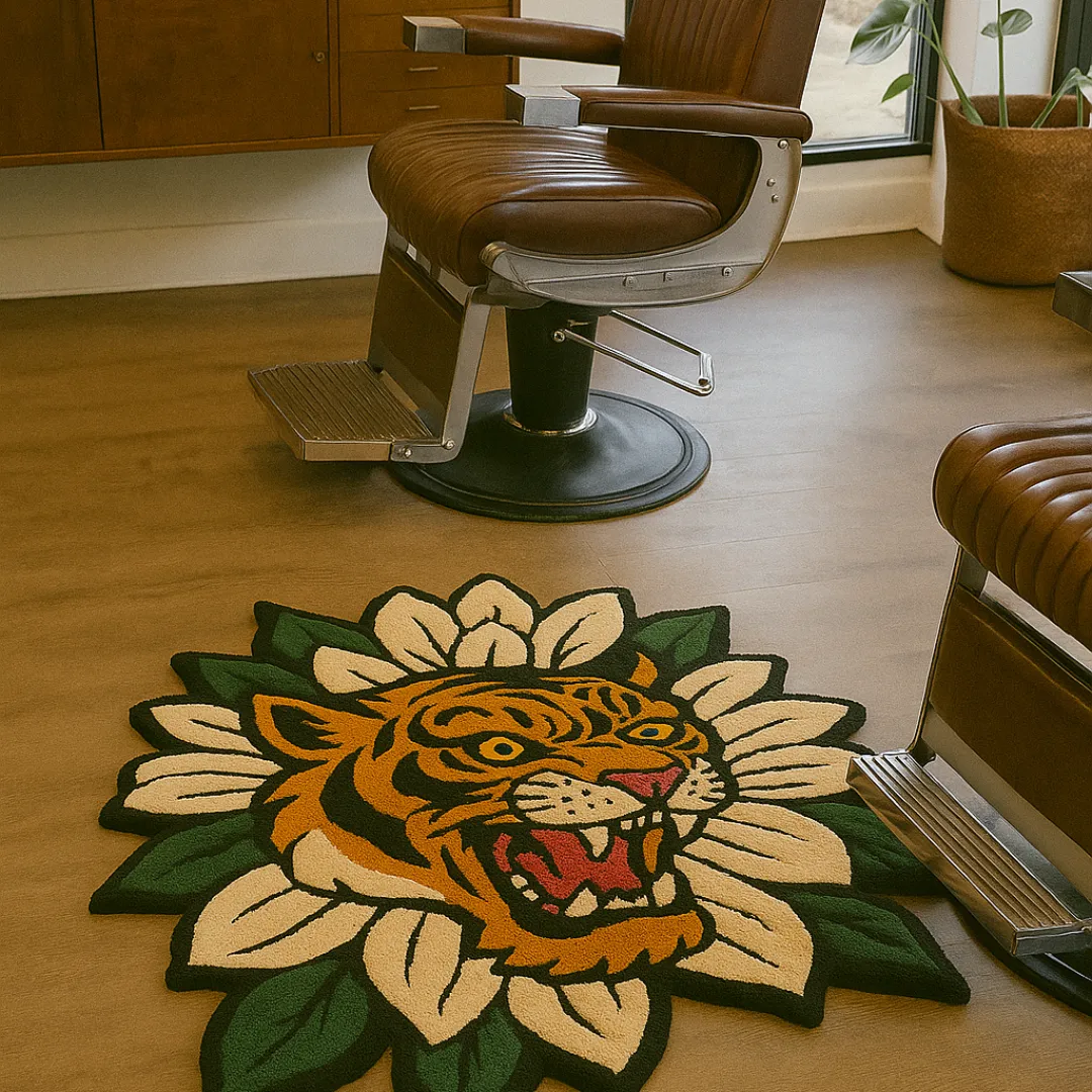 Hand-tufted tiger face rug with floral petals around it