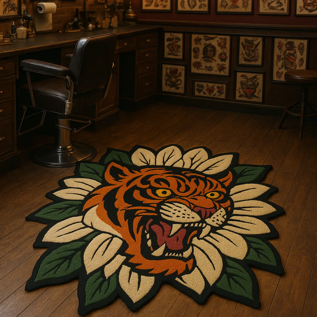 Bold orange and black tiger face rug with flower-inspired design