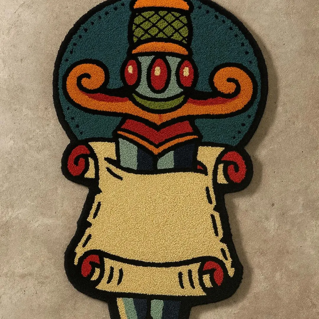 Tattoo-inspired hand tufted rug featuring a colorful dagger piercing through a scroll, designed in teal, red, beige, and gold on a beige background.