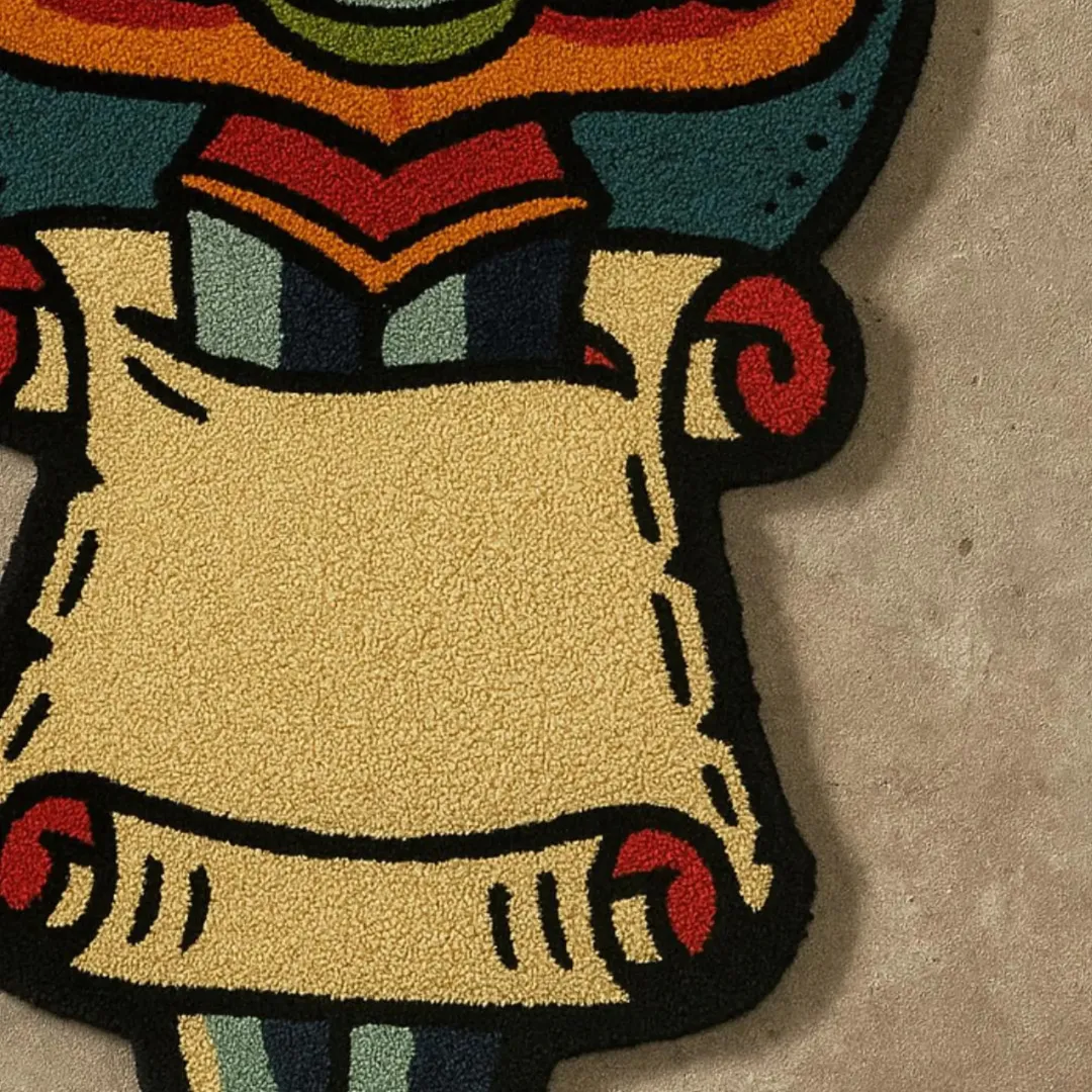 Tattoo-inspired hand tufted rug featuring a colorful dagger piercing through a scroll, designed in teal, red, beige, and gold on a white background. zoom in