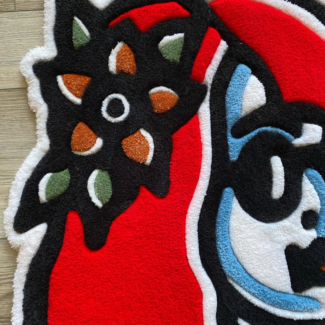 Hand-tufted wool rug featuring artistic female portrait