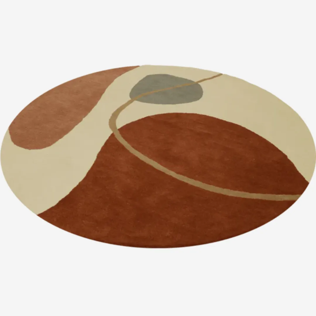 Modern rug with flowing abstract design in earthy tones of red, gray, and ivory.