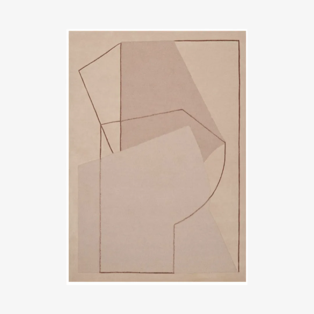 Abstract geometric area rug with beige tones and soft shapes.