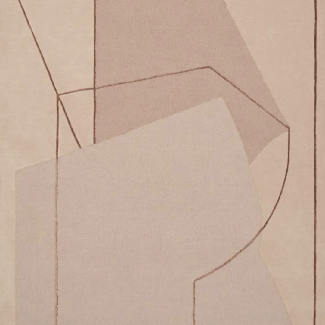 Neutral beige area rug featuring overlapping geometric patterns.