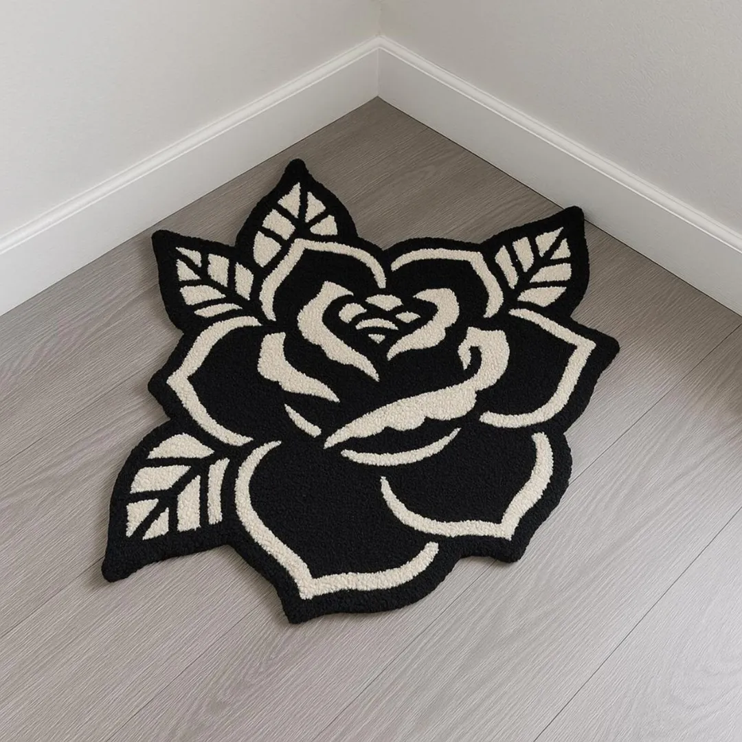 Floral tattoo-style wool rug featuring a large black rose with white contrast