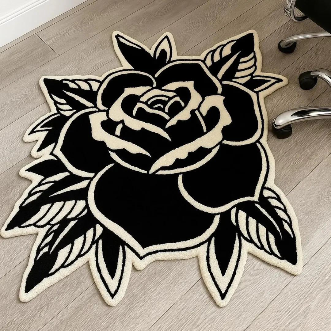 Edgy tattoo-inspired black and white rose area rug.