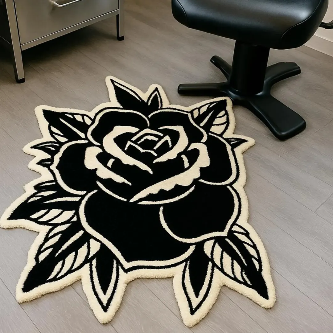 Black and white rose tattoo rug with bold outlines.
