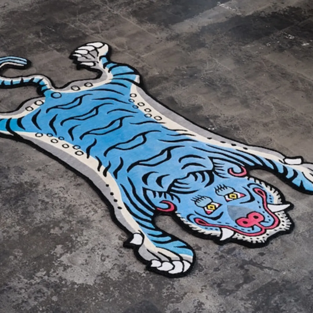 Blue Thunder Tiger Wool Rug with vibrant blue tiger design