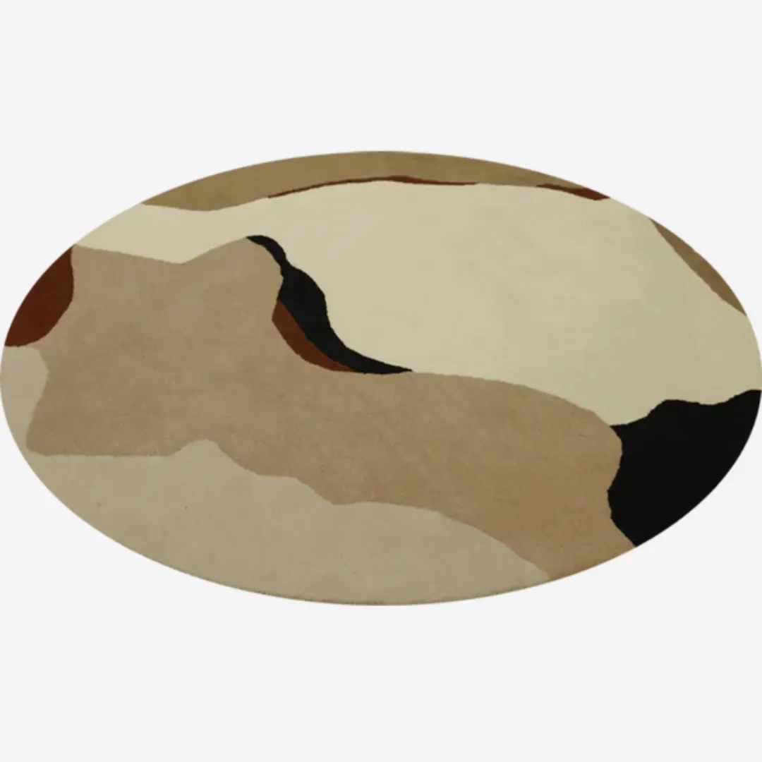 Modern round rug with beige, brown, and black organic design.
