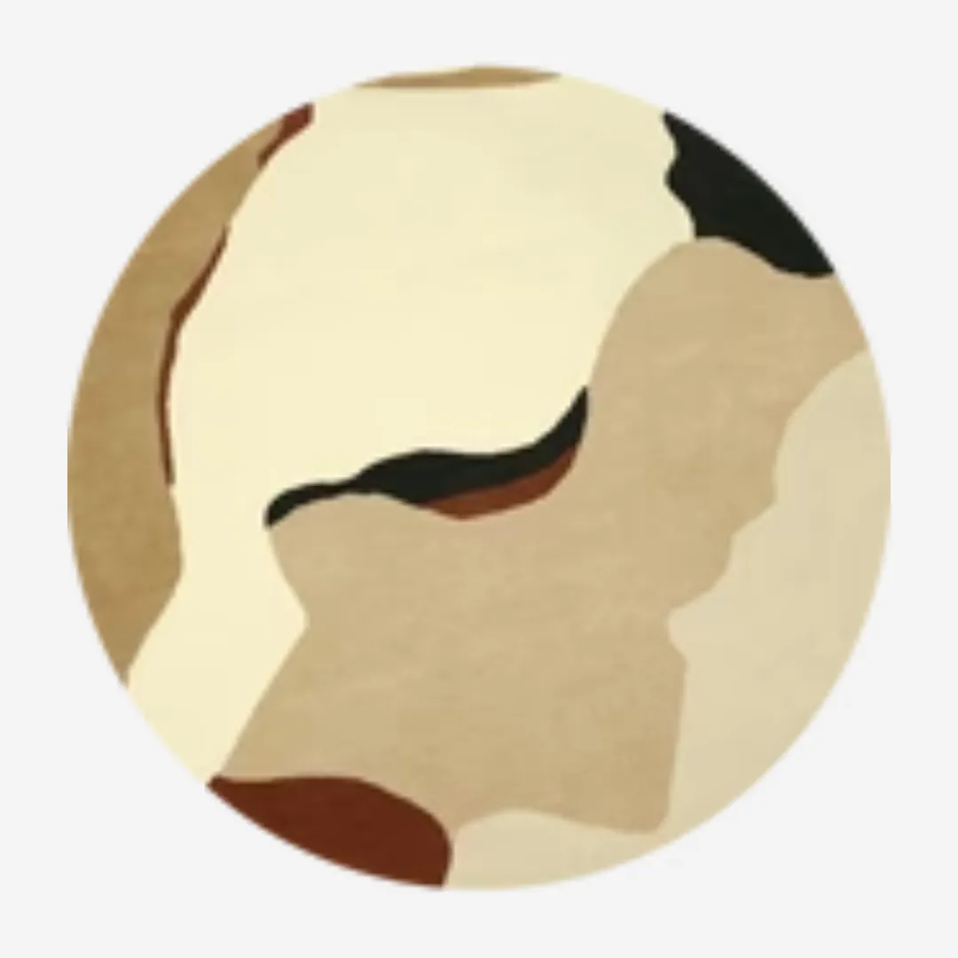 Abstract round rug featuring flowing organic shapes in neutral tones.