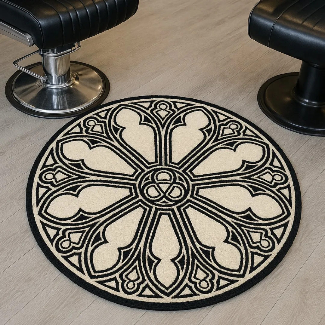 Bold tattoo-style rug with intricate cathedral window pattern.