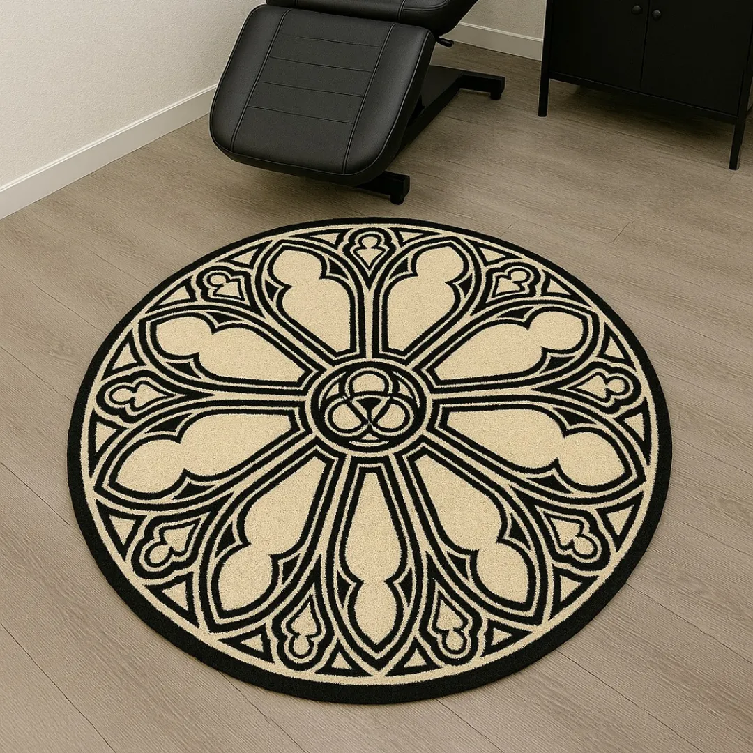 Tattoo-inspired area rug with a gothic, cathedral-like design.