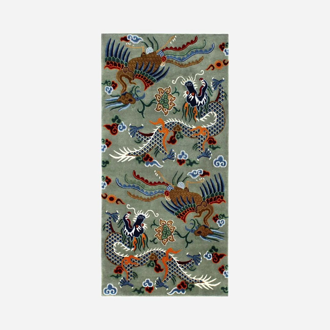 Chinese dragon and phoenix design rug in vibrant colors of red, blue, and orange.