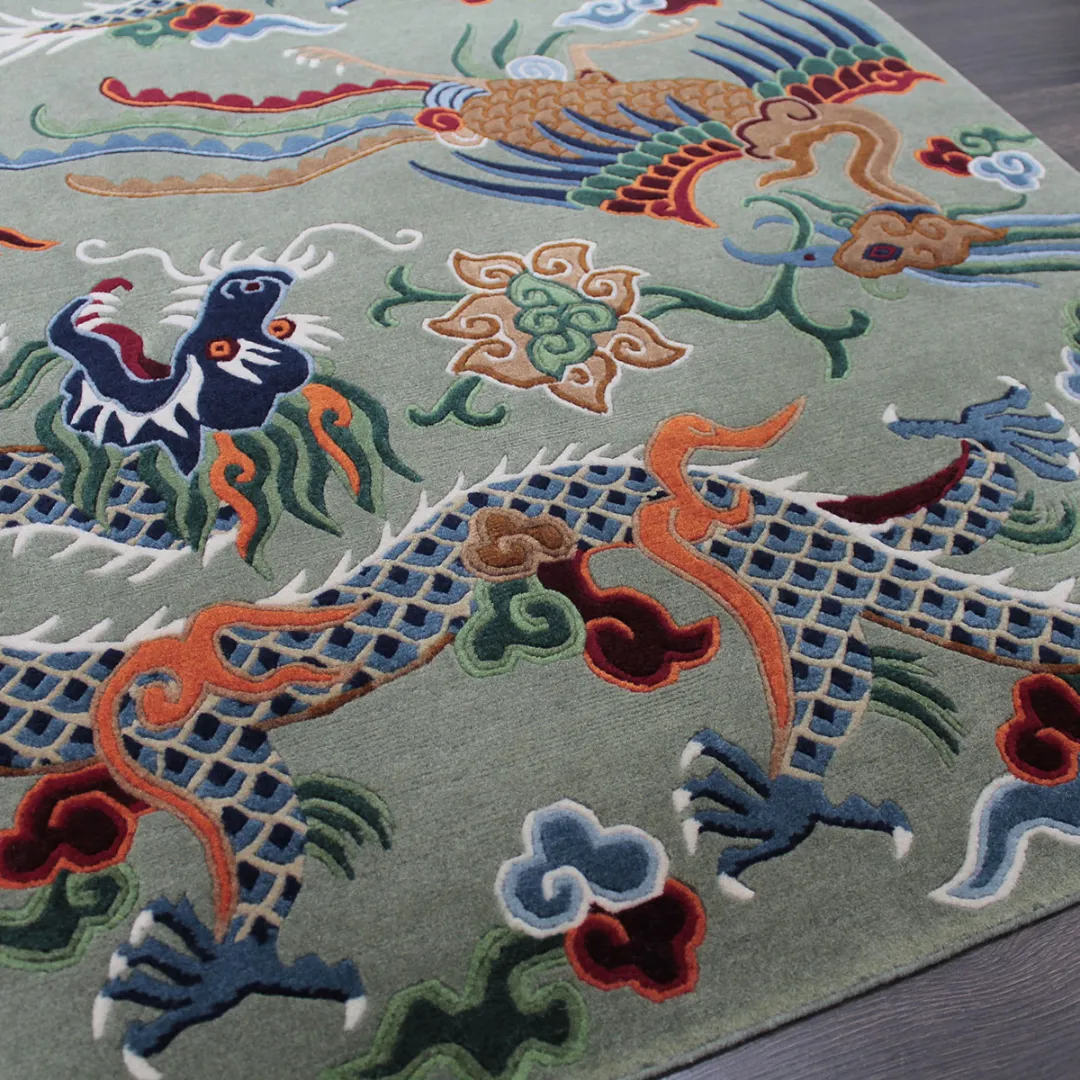 Celestial dragons rug featuring intricate designs with dragons and phoenixes.