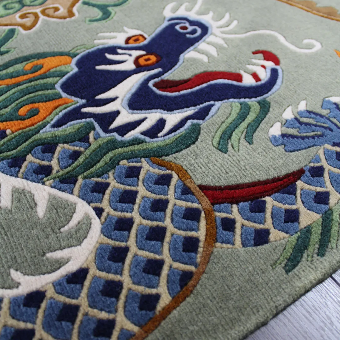 Cultural rug with two dragons and phoenixes, surrounded by colorful cloud motifs.