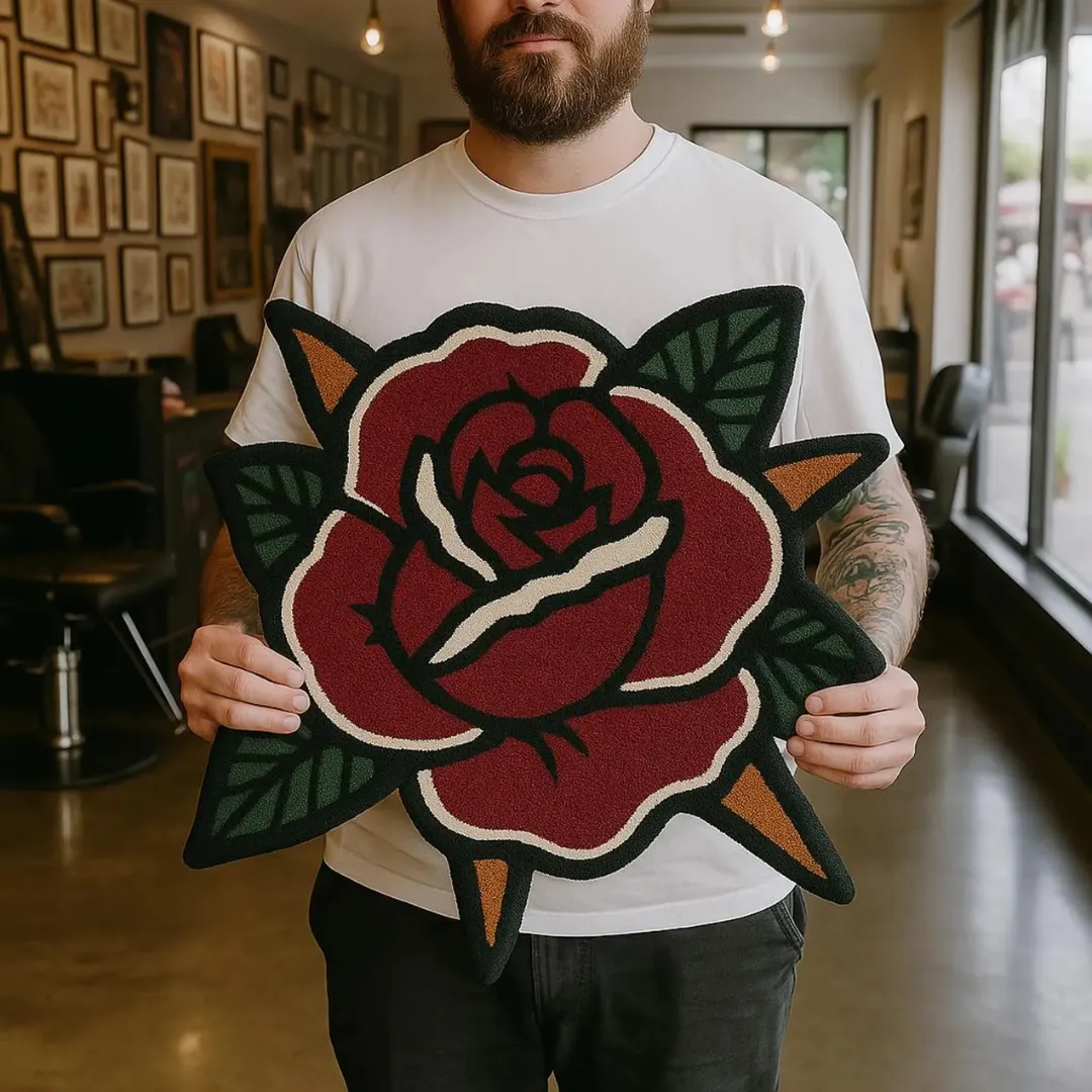 Traditional rose design with black and green accents.