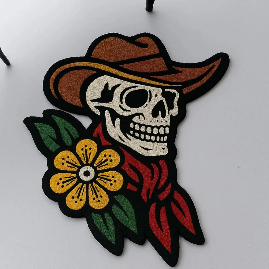 Cowboy skull rug with a colorful floral design.