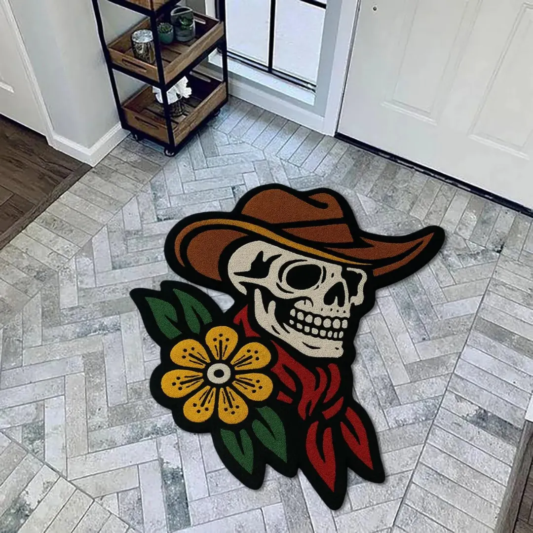 Bold skull wearing a cowboy hat with yellow flower and green leaves.