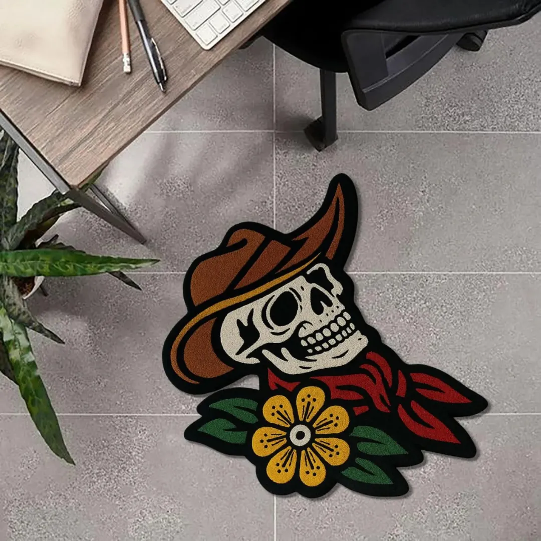 Tattoo-inspired cowboy skull rug with vibrant flowers and leaves.