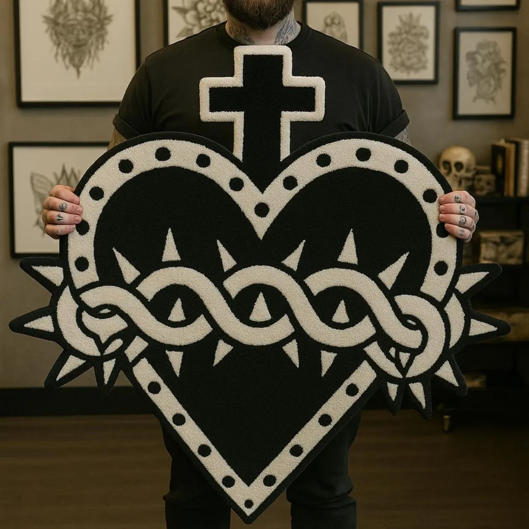 Handmade wool rug with striking heart and cross tattoo design wrapped in a snake